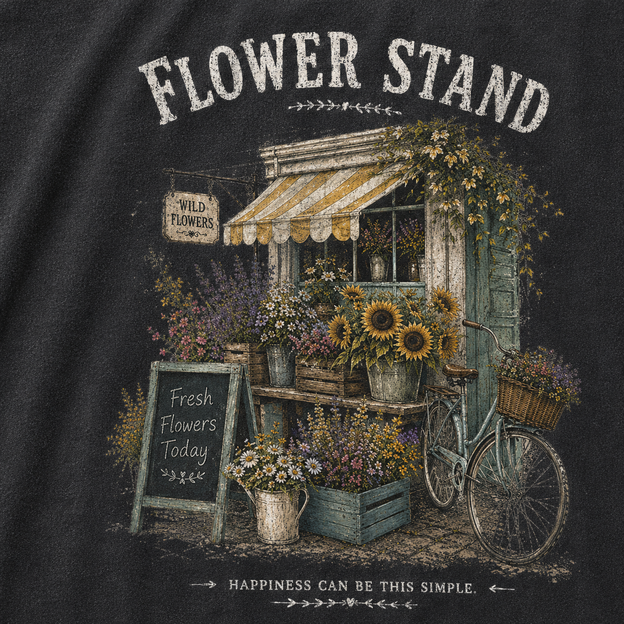 Small Town Flower Stand Graphic Vintage Washed T-Shirt